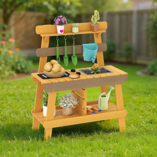 Outdoor Mud Kitchen for Kids Wooden Play Kitchen Toy for Boys Girls Aged 3-8-Yellow-0