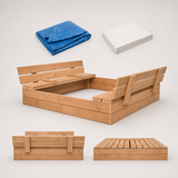 Bac à sable enfant en bois avec bancs et couvercle – 120x120cm | 100% ECO | Fabriqué dans l'UE | Les Apprentis Malins